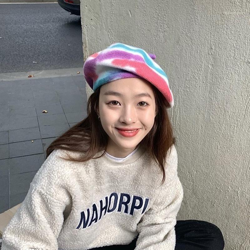 

Berets Women Girl Tie Dye Hats French Autumn Winter Artist Warm Wool Beanie Hat Vintage Multicolor Print Beret Caps Men, 007