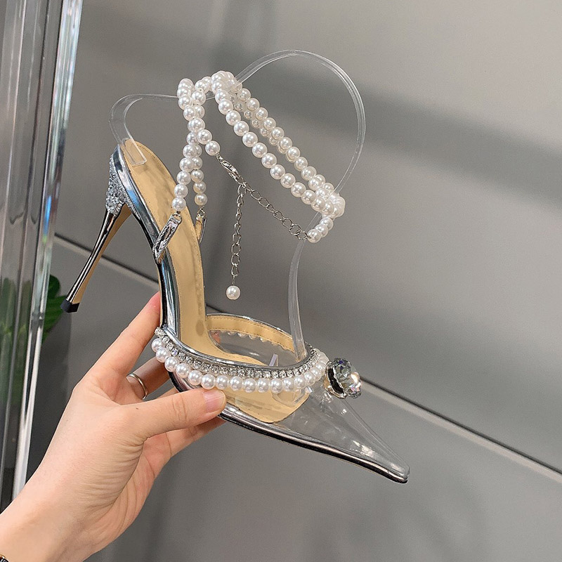 

Womens High Heels Party Dress Shoe Transparent PVC Mix Silver Leather With Diamond and Beading Pearl Chain Fashion Sexy