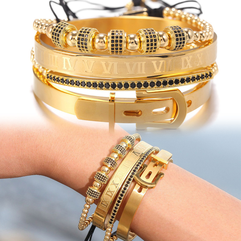 

Luxury Royal men bracelet 4pcs/sets mens jewelry Stainlesss steel pulseras bracelets homme bijoux hippie armband bileklik, Black