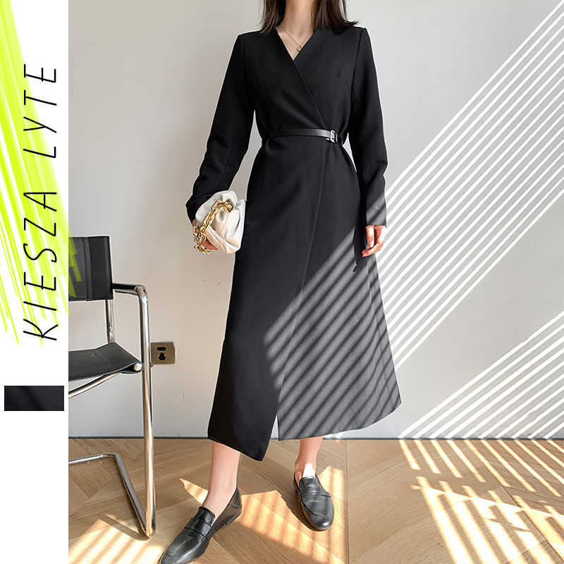 

Women's Dress Suit Spring Autumn Fashion Long Sleeve High Waist With Belt Black es Female 210608