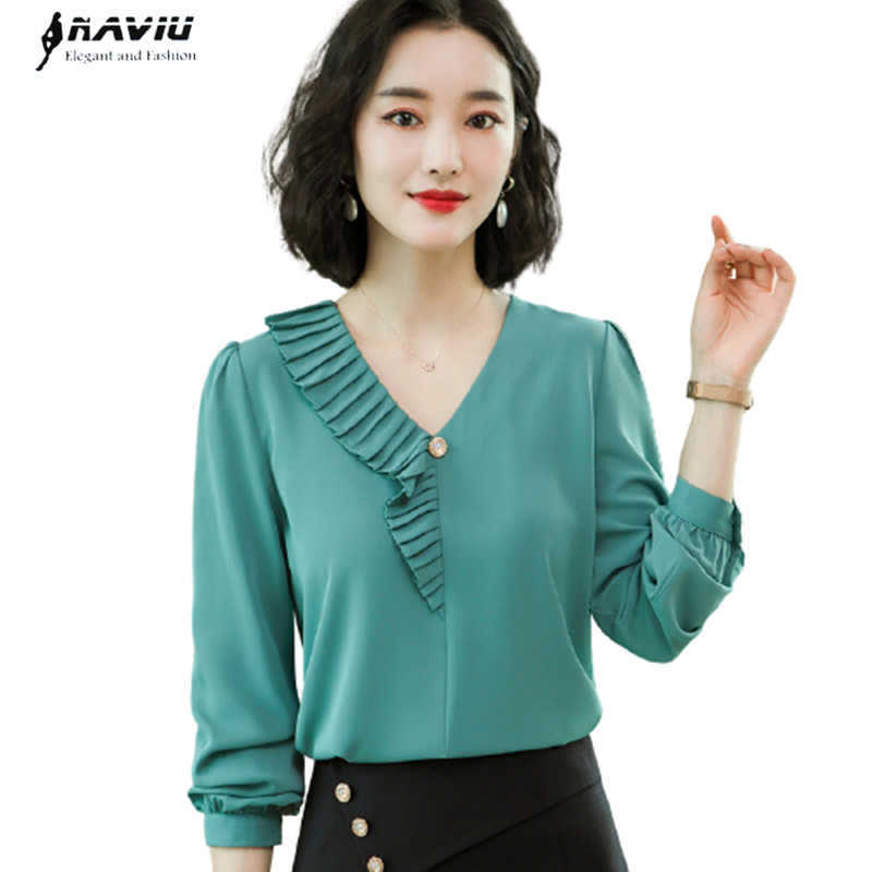 

Ruffle Shirt Women Spring Autumn Casual Chiffon V Neck Fashion Long Sleeve Blouses Office Ladies Formal Work Tops 210604, White