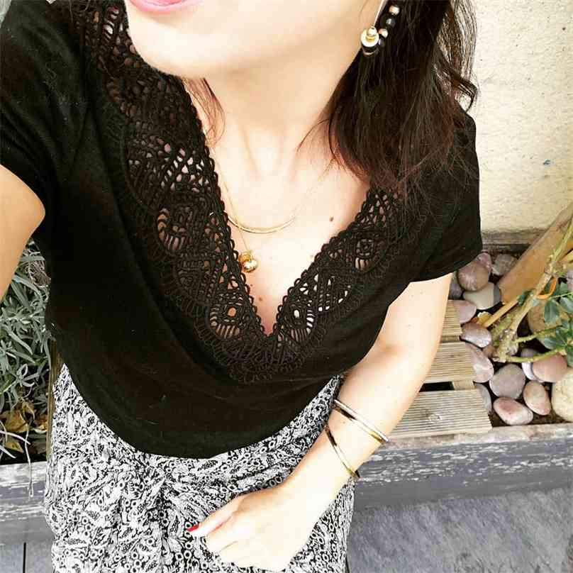 

Jastie Short Sleeve t-shirt Embroidery Lace V neck Tees Women Summer Female T Shirt Vintage Elegant Shirts Top Clothing 210720, Black