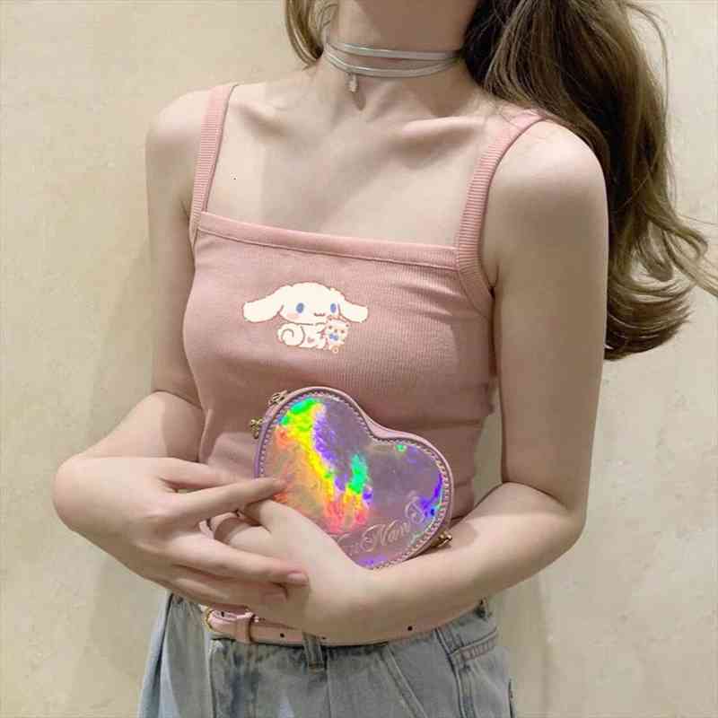 

ins kawaii cinnamorolled pink v-neck female knitted camisoles summer casual y2k women sleeveless crop tank, White