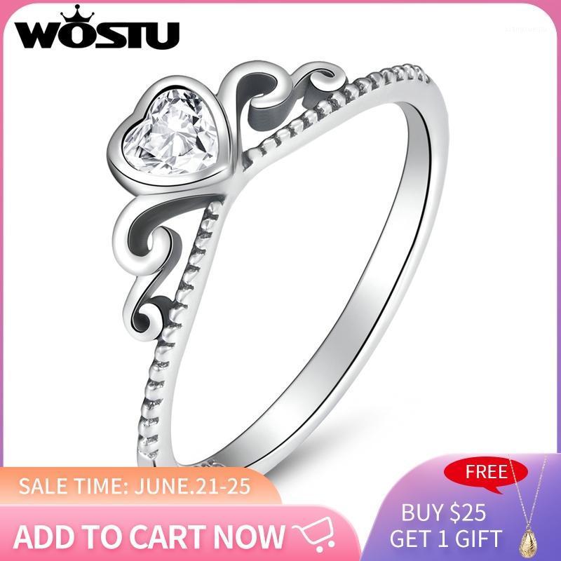 

Cluster Rings Wostu Simple Love Heart Zircon CZ Finger Vintage Crown Ring 925 Sterling Silver For Women Fine Jewelry Gift DAR180, Golden;silver