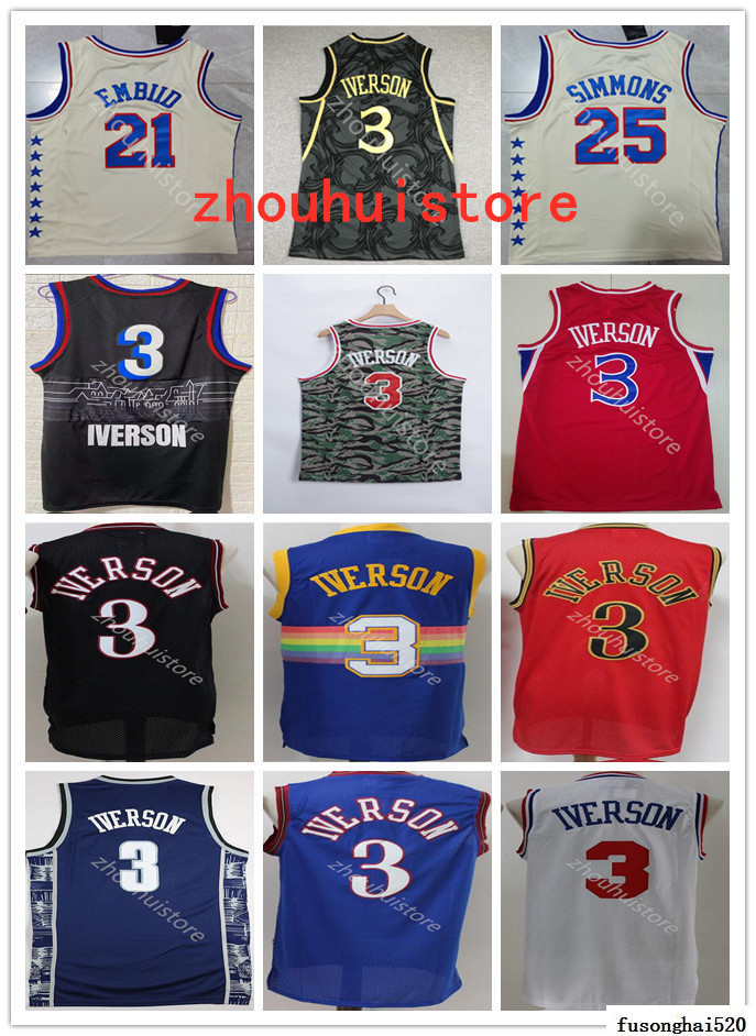 

Men Philadelphia76ersBasketball Jersey Joel 21 Embiid Ben 25 Simmons Allen 3 Iverson RetroNbajerseys Black White Blue