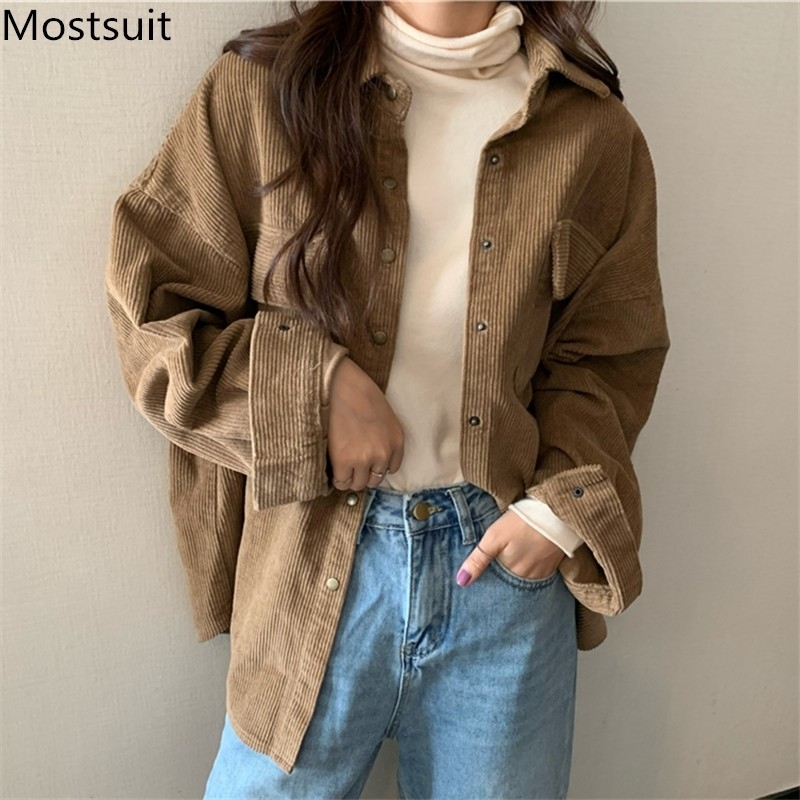 

Korean Vintage Corduroy Women Shirt Winter Long Sleeve Single-breasted Pockets Tops Casual Fashion Female Loose Blusas 210518, Brown