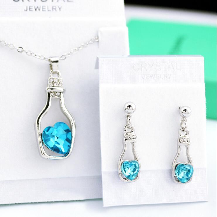 

Earrings & Necklace Quality Heart Crystal Hollow Bottle Pendant Earring Gift Lover Summer Girl Fashion Jewelry Set Drop Arrival, Silver