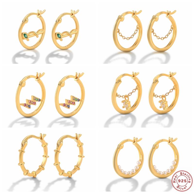 

Hoop & Huggie Round Circle Earrings 925 Sterling Silver Bling Zircon Pearl Earring For Women Girls Koean INS Jewerly Pendientes Oorbellen, Golden;silver