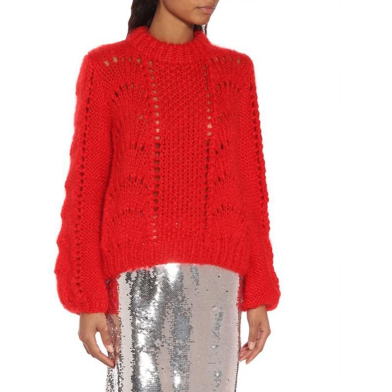 

Women's Sweaters European And American Style Handmade Needle Knitting Wave Pattern Lantern Sleeve Pullover Women, Pink