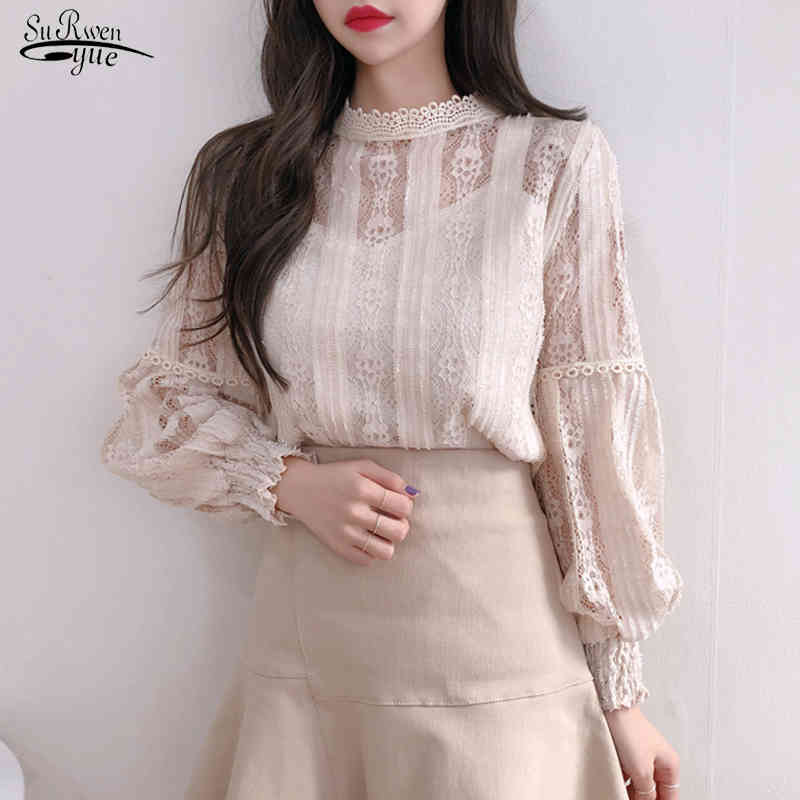 

Autumn Sweet Pink Shirts Long Sleeve Lace Blouse for Women Vintage Spliced Solid Womens Clothing Blusas Mujer De Moda 6899 210521