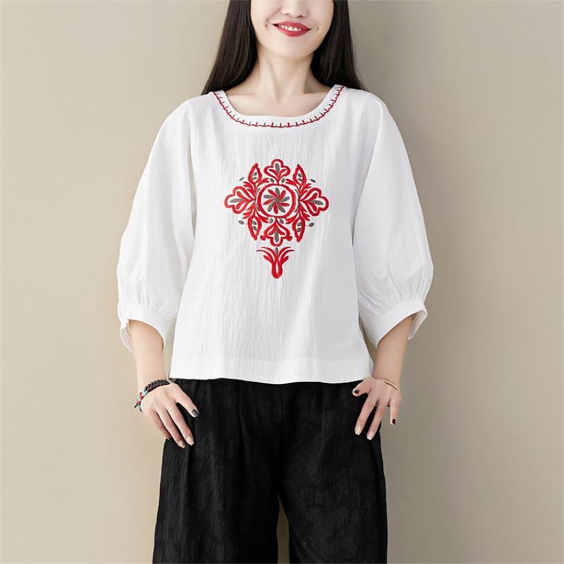

Women's Blouses & Shirts Chinese Style Vintage Embroidery Tops Spring Summer Cotton Linen Shirt Women Puff Sleeve Casual Loose Female Blusa, White