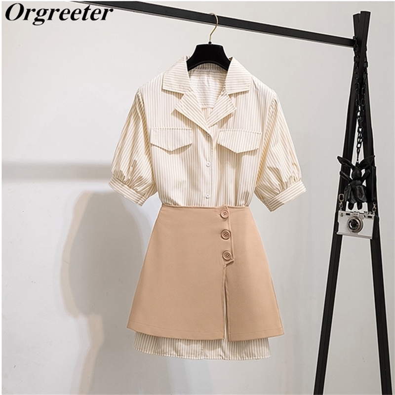 

Summer Korean style Loose Casual Lapel Striped Shirt Dress + Temperament Elastic waist Breasted Split Skirt 2 Piece set 210602, Black