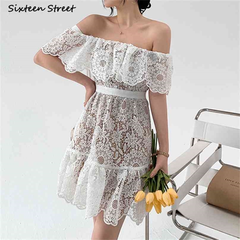 

White Lace Bodycon Dress Woman Slash Neck Summer High Waist Mini Female Vintage Runway Luxury Party es Clothing 210603