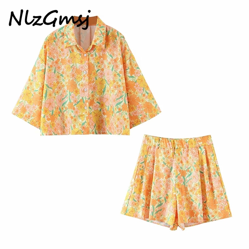 

Set Flower Print Loose Cropped Blouses Side Pockets Short sets Summer Suits 04 210628
