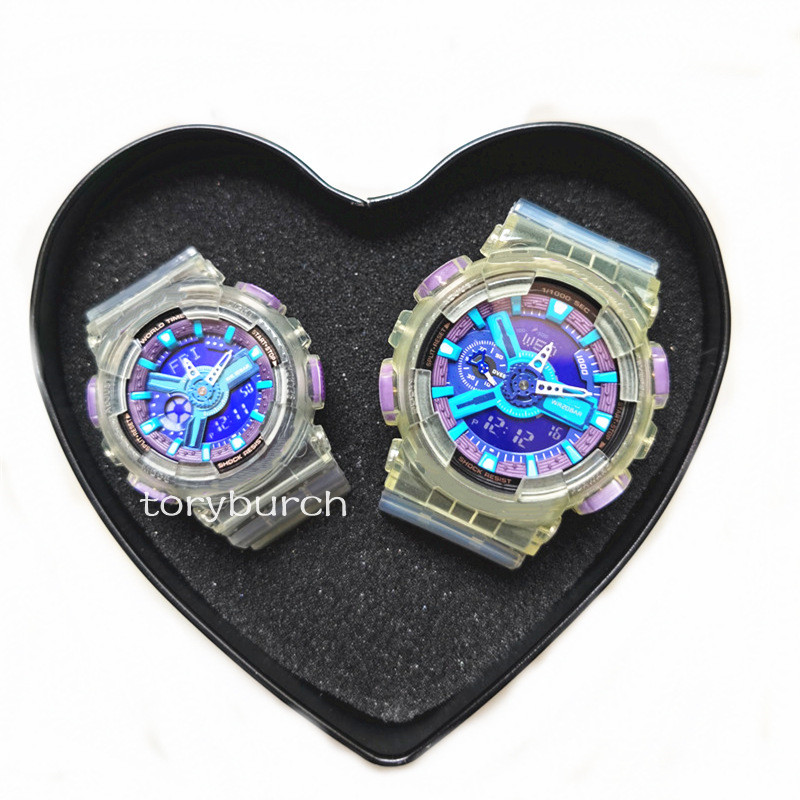 

2021 Lover couple watch fashion transparent series waterproof wristwatch Sport dual display GMT Digital LED reloj hombre Army Military relogio masculino, White purple