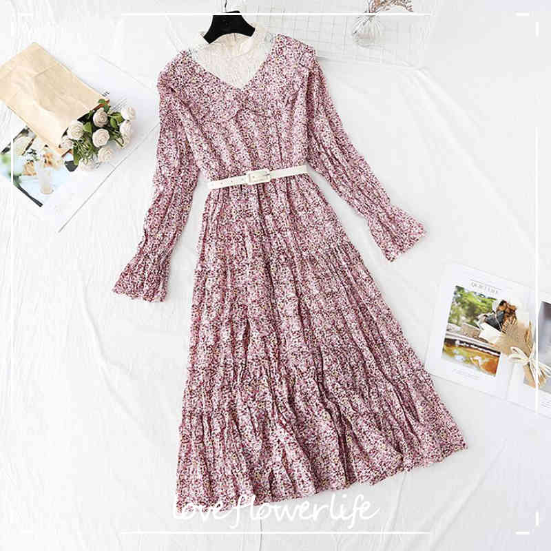 

Women Chiffon Dress Spring Female Vintage Long Sleeve Lace Collar Print Pleated Dress Belt Office Lady Casual Midi Dresses 210521, Green