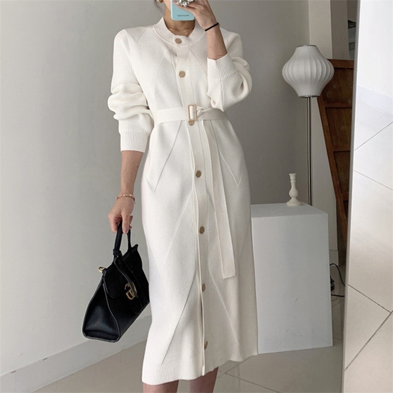 

Women Elegant O-neck Single-breasted Solid Sweater Dress OL Style Long Sleeve Belted Knitted Mid-length Female 210519, Pink