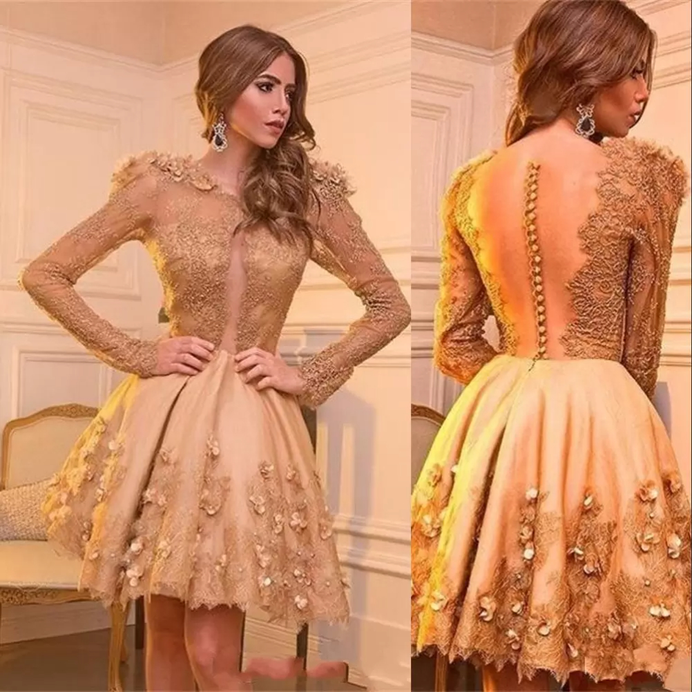 

2022 New Sexy Gold Arabic Cocktail Dresses Jewel Neck Illusion Long Sleeves Lace Appliques with Hand Made Flowers Short Mini Evening Prom Party Dress, Black