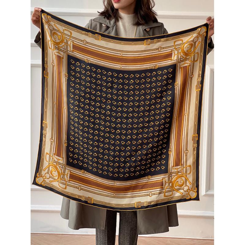 

Scarves Silk Scarf 90*90cm Designer 100 % Natural *Mulberry Scarfs 100% Hand Rolled Foulard En Soie Saddle Print