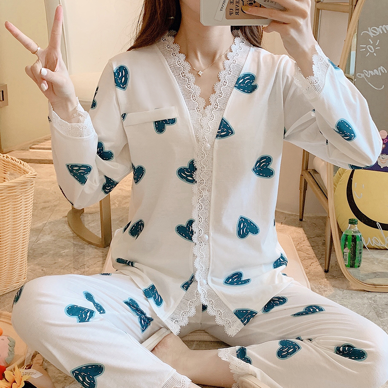 

Lace V-ne Pajamas Autumn Winter Womens Full Cotton Long Sleeve Pajamas Set Loose Adult Women Sleepwear Set Soft Pajama Set, C q 927