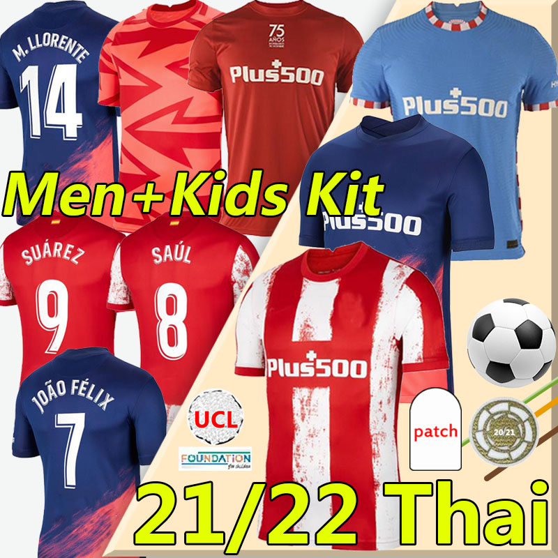 

21/22 Atletico Soccer Jerseys de Madrid JOÃO FÉLIX 2021 2022 Suarez CORREA KOKE Dembélé Carrasco M.LLORENTE SAUL LEMAR DEMBELE Men Kids Kits football shirt training jersey, 21-22 away