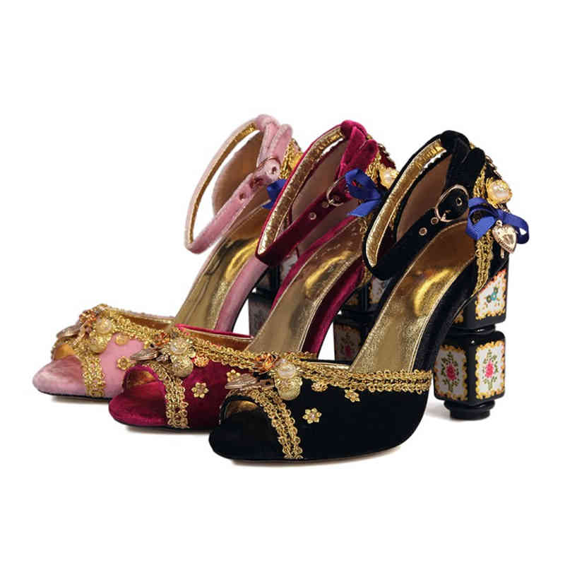 

slippers hand embroidered and printed special-shaped roman sandals large shoes peep toe beading vintage women thick heel pumps aqp, Black
