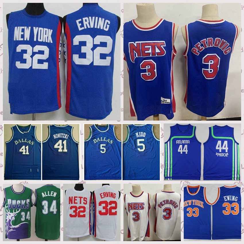 

2021 low-priced Men Retro Classic Basketball Jersey Drazen 3 Petrovic Erving 33 Patrick Ewing 44 Pistol Vintage Breathable short Size S-2XL, Black;red
