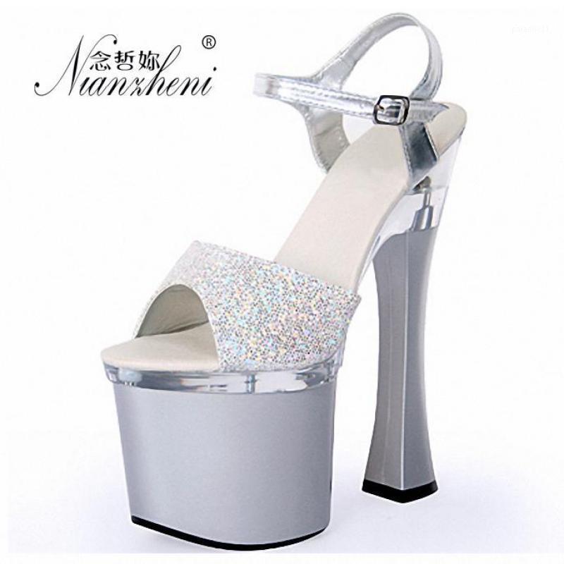 

Dress Shoes 7 Inches Coarse Heel Flash Powder High Heels Nightclub Stage Show Sxey Pole Dance Models Party Stripper White Mature, Silver
