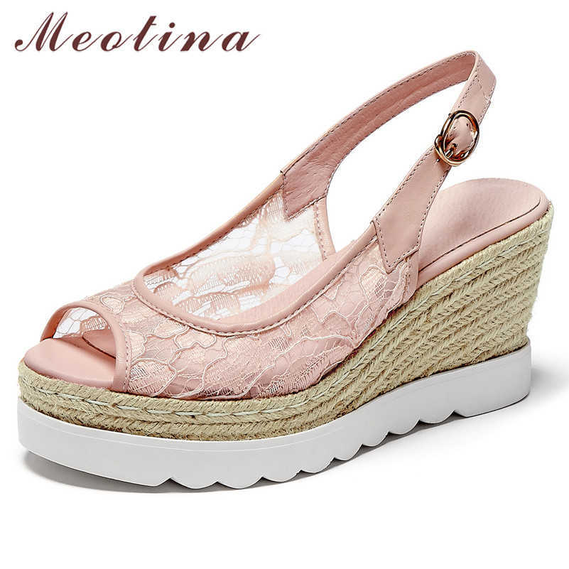 

Meotina Espadrille Platform Wedges Heels Shoes Real Leather Lace Sandals Buckle Peep Toe Women Footwear Summer Sandals White 210608, Pink