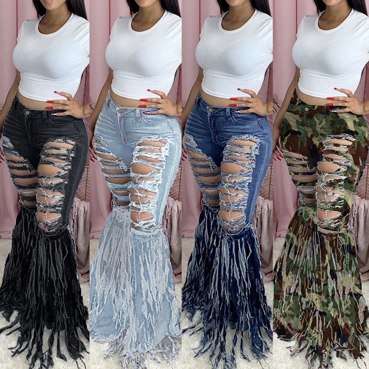 

size Clothing denim trousers sexy Skinny flared jeans hole ripped full length leggings streetwear pants plus Women Fringed brushed, Black