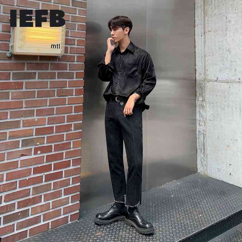 

IEFB Holed Cropped Jeans Men's Slim Straight Leg Pants Trend Korean Versatile High End Black Ankle-length Pants 9Y5537 210524