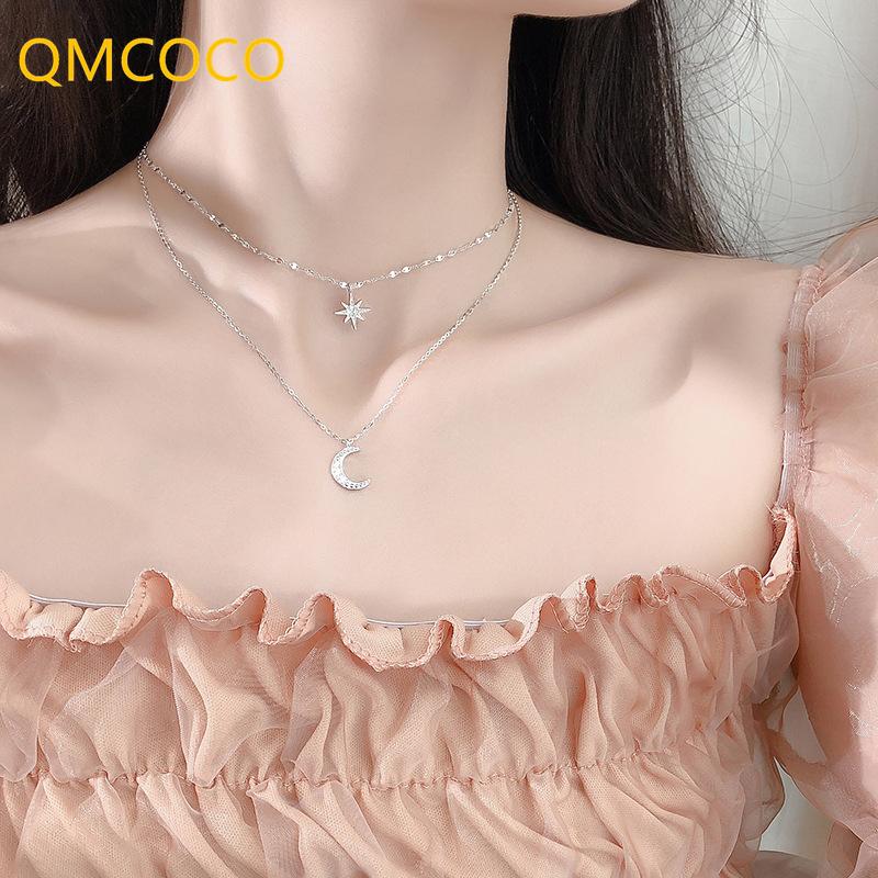 

Pendant Necklaces Korean 925 Sterling Silver Charm Chain Necklace For Women Romantic Fashion Shiny Moon Star Clavicle Bride Gift