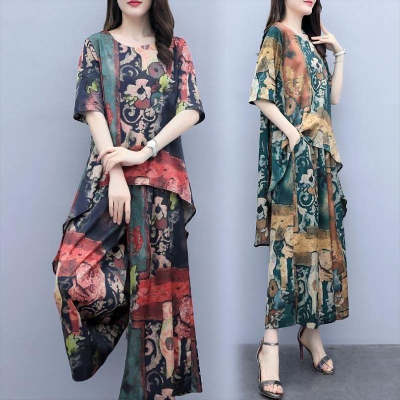 

summer satin silk suits middle womens tracksuits aged mother clothes short sleeved floral plus size 5xl two piece casual, Gray