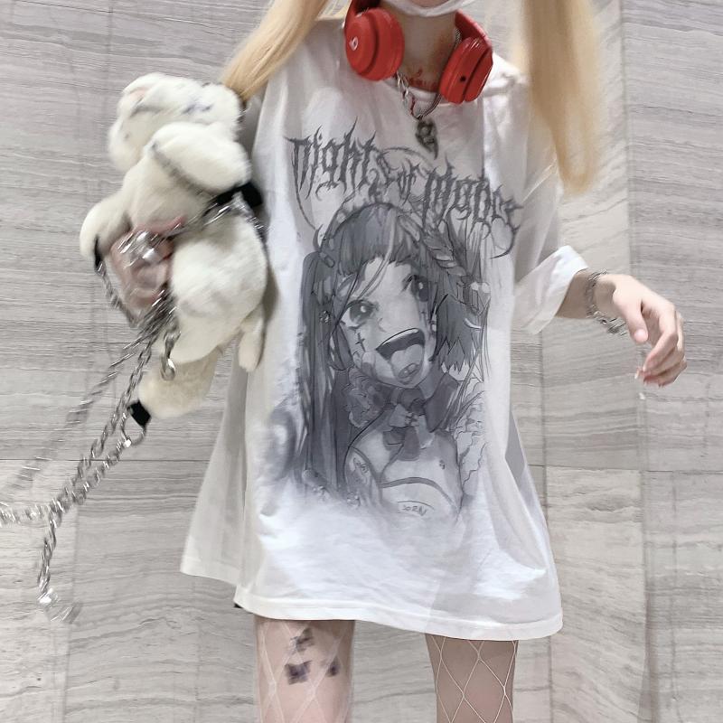 

Street Harajuku Women' Summer Punk Gothic T-shirt Dark Style Short Sleeve Japanese Cartoon Retro Ladies White Top Y2k