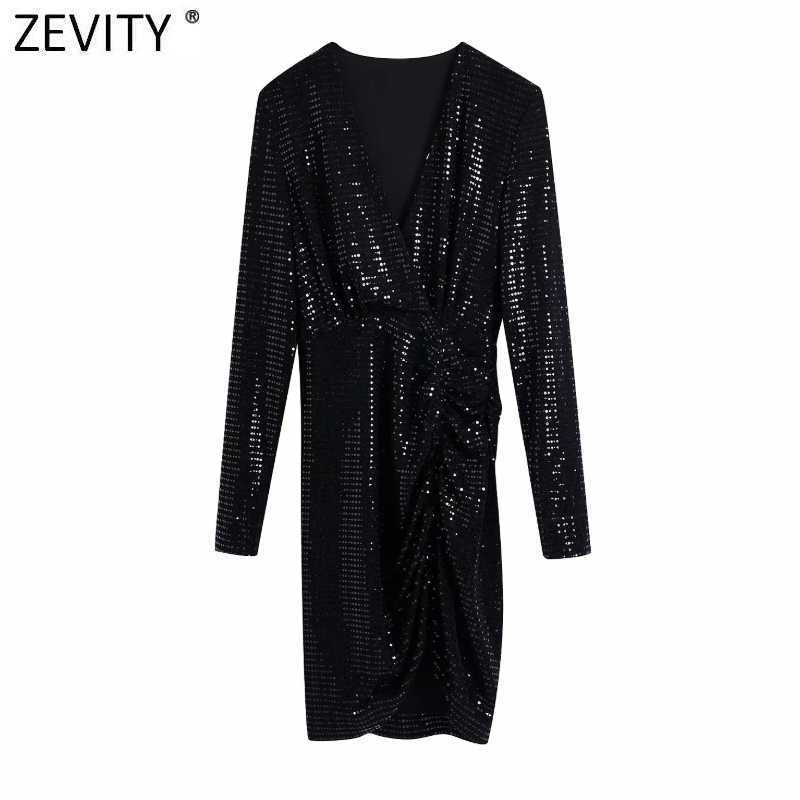 

Zevity Women Sexy Cross V Neck Sequined Pleated Casual Slim Dress Female Chic Long Sleeve Brand Party Mini Vestido DS4748 210603, As pic ds4748bb