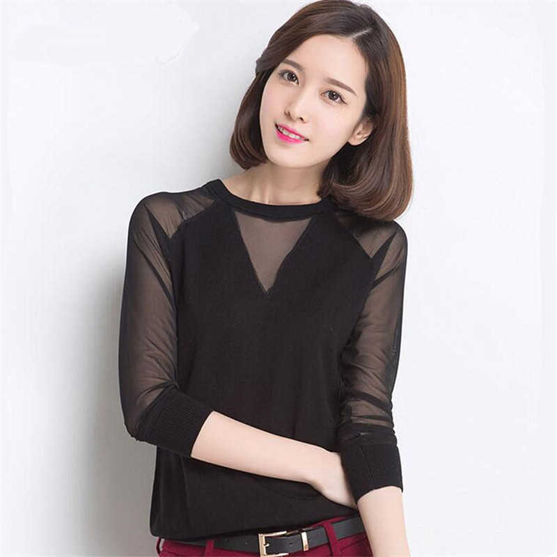 

Hollow Out Women Spring Summer Style Lace Blouses Shirts Casual Long Sleeve Patchwork Spliced O-Neck Blusas Tops DF1875 210609, Black