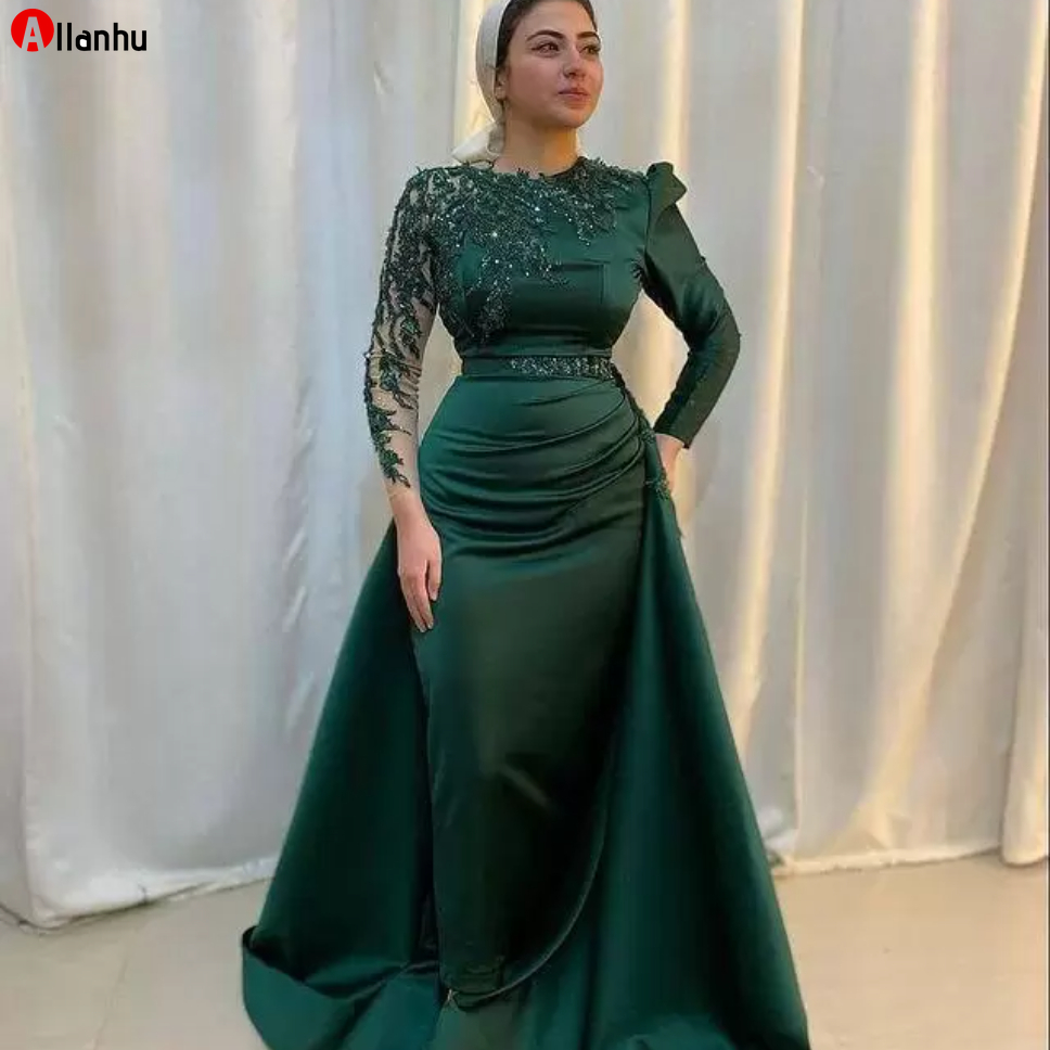 

2022 Hunter Green Muslim Evening Dresses with Detachabel Train Real Picture Long Sleeve Aso Ebi African Beaded Stain Kaftan Prom Gowns WJY591, Lilac