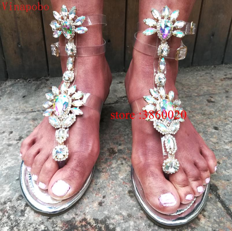 

Dress Shoes Vinapobo 2021 Woman Sandals Women Casual Rhinestones Crystal ChainsThong Gladiator Flat Chaussure Plus Size 35-43, Black
