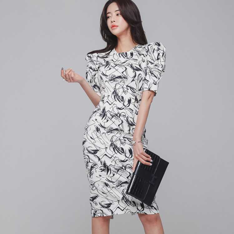 

Summer Women Puff Sleeve Print Bodycon Dresses Korea Elegant Fashion O-Neck Office Pencil Party Dress Vestidos 210526, Photo color