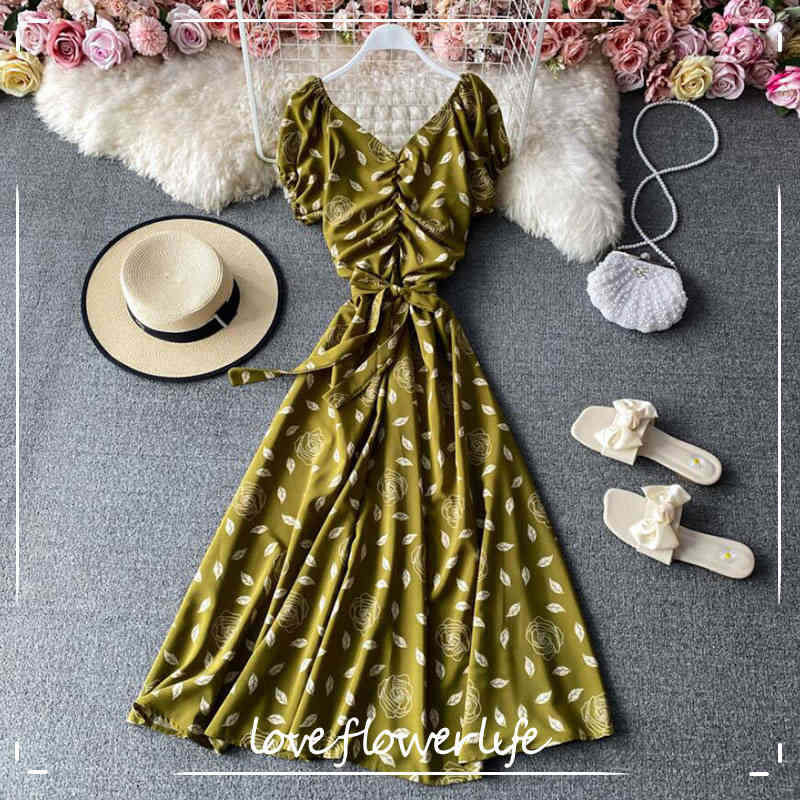 

Women Floral Print Beach Long Dress Seaside holiday Elegant Short Sleeve Sexy V neck Backless Dresses Summer Sweet Vestidos 210521, Blue