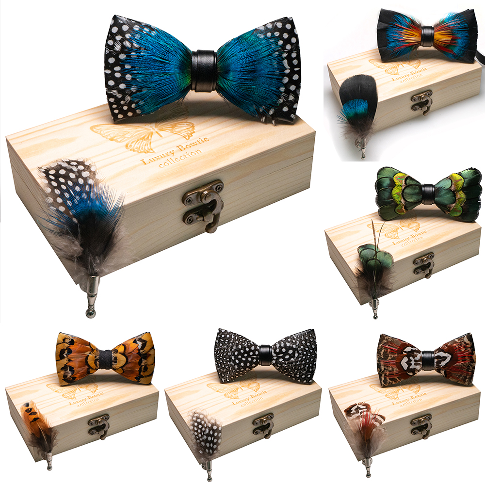

Original New Design Bow tie Natural Feather Exquisite Hand Made Men Luxury Bow Tie Wooden Gift Box Set Wedding party