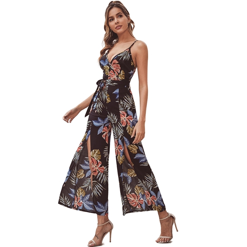 

Fashion jump suits for women retro style beach holiday print sexy split casual jumpsuits elegant loose jumpsuit 210520, Beige