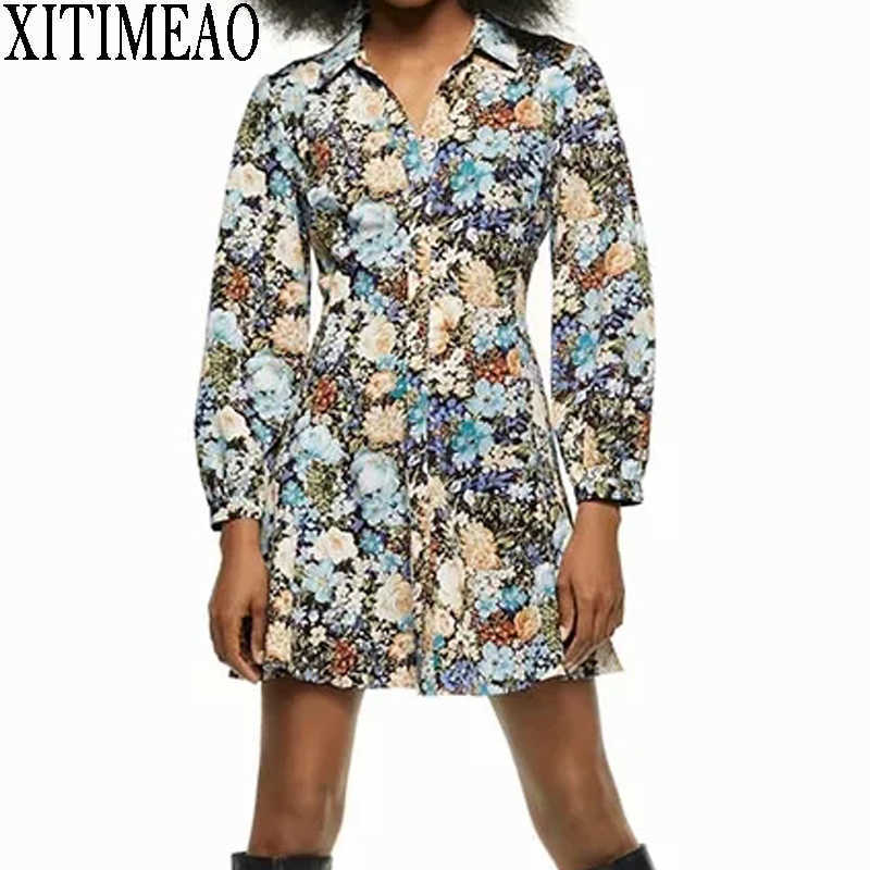 

ZA Women Patchwork Retro Floral Print Lapel Loose A-line Long Sleeve Mini Dress Dresses Female Chic 210604, As picture