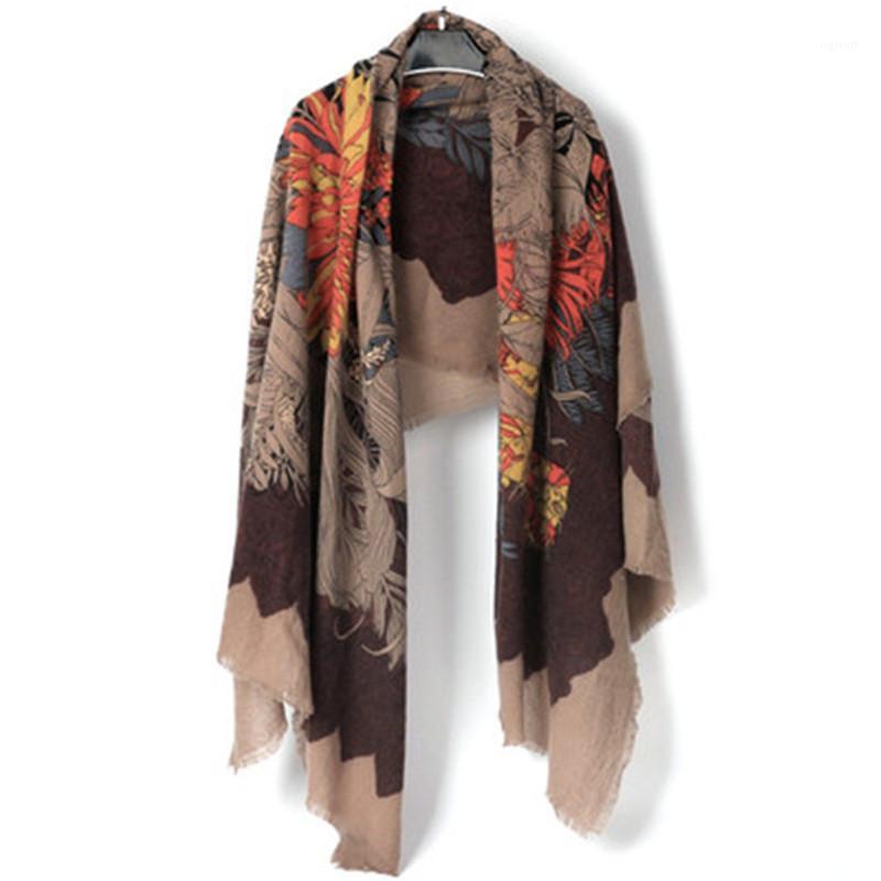 

Scarves Fashion 100%wool Women Vintage Floral Print Scarfs Shawl Pashmina 130x190cm Small Tassel Khaki Color, Blue;gray