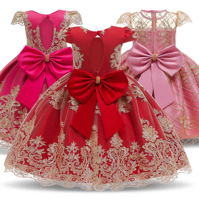 

Christmas Dress For Girl Red Princess Dresses Lace Flower Wedding Gown Year Kid's Wear Frocks Clothes 210522