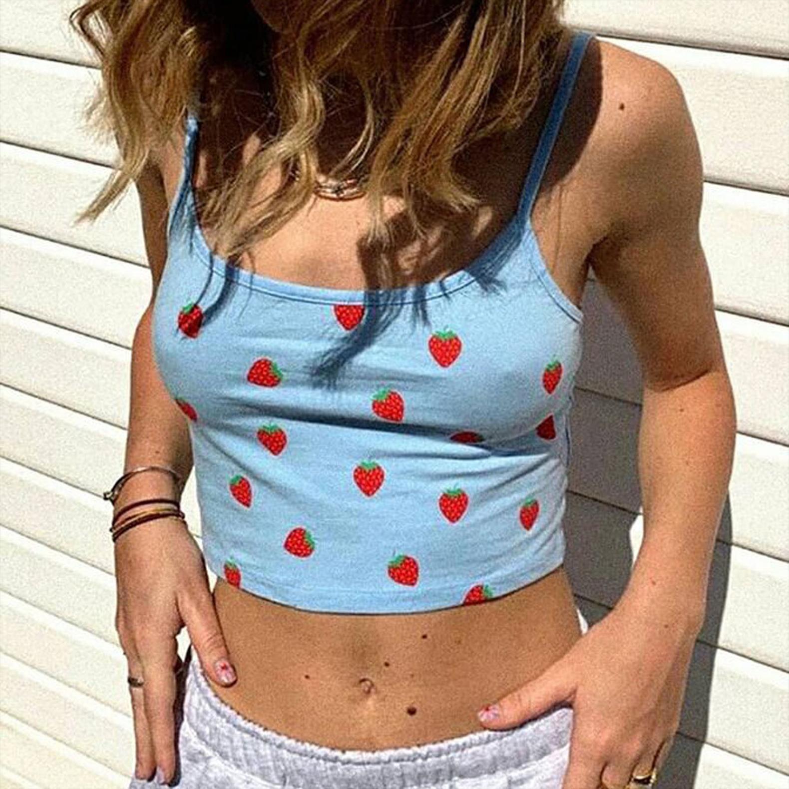 

crop vest strawberry womens tanks o neck casual summer short camis daily, White