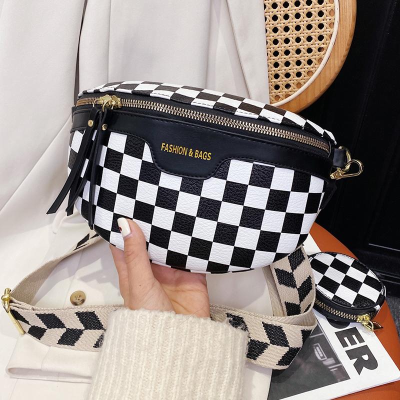 

Waist Bags 2 Women's Fanny Pack Square Plaid Leather Bag Shoulder Crossbody Chest Luxury Designer Handbags Female Belt