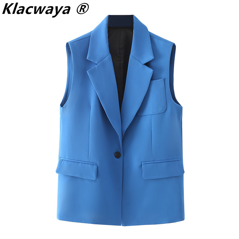 

Women Fashion Simply Solid Color Sleeveless Vest Jacket Office Ladies Casual Slim Suit Pocket Outwear Tops 210521, Blue