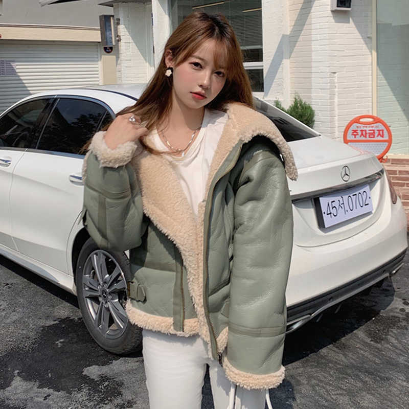 

LY VAREY LIN Winter Women Punk Style PU Leather Jacket Moto Biker Loose Outwear Warm Lambswool Stand Coat Female 210526, Beige