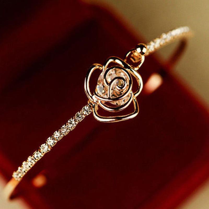 

Bangle Alloy Bracelet Koop Elegant Women's Crystal Rose Flower Cuff Jewelry Gold Bracelets For Women Pulseras